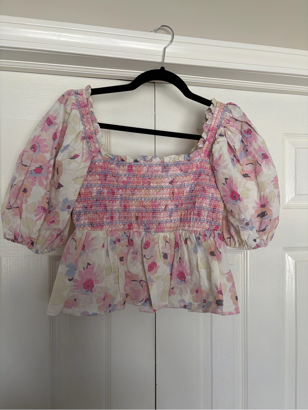 Something Navy Pink Floral Smocked Puff Sleeve Top